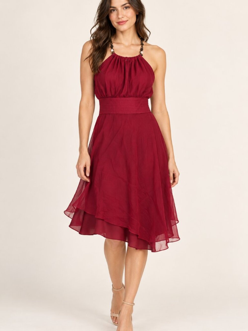 Laundry by Shelli Segal Burgundy Silk Chain Strap Tiered Dress 8